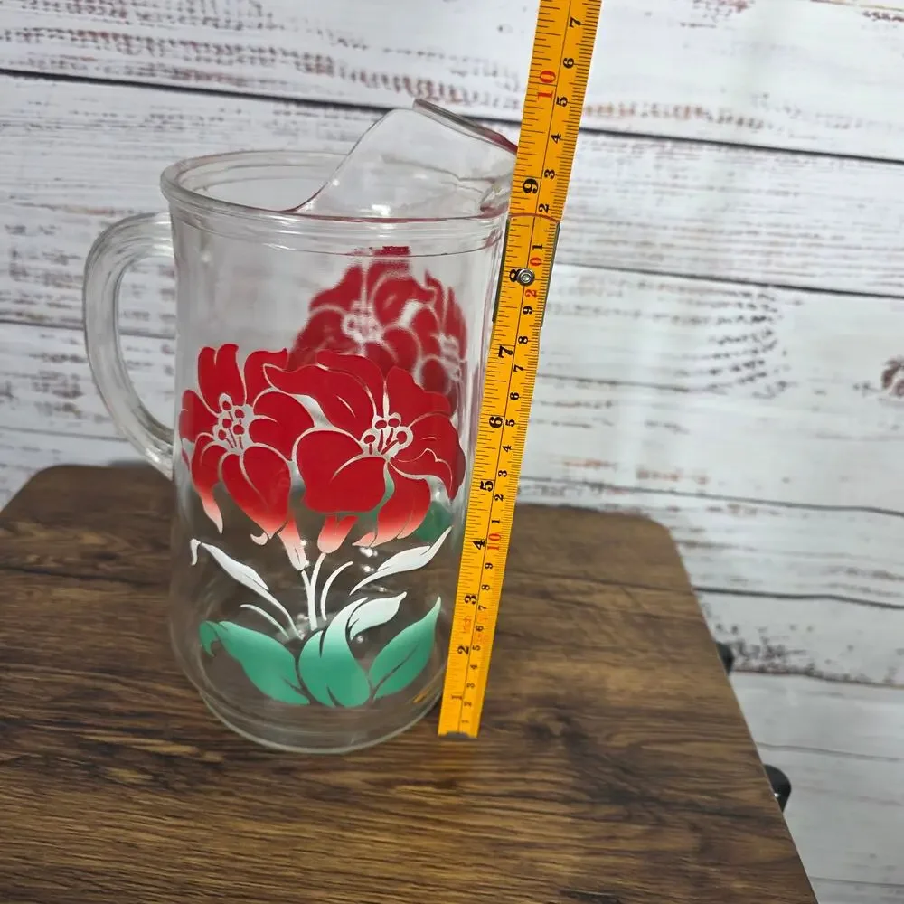 VTG Clear Glass Pitchers Floral Design Red White Flowers Ice Lip